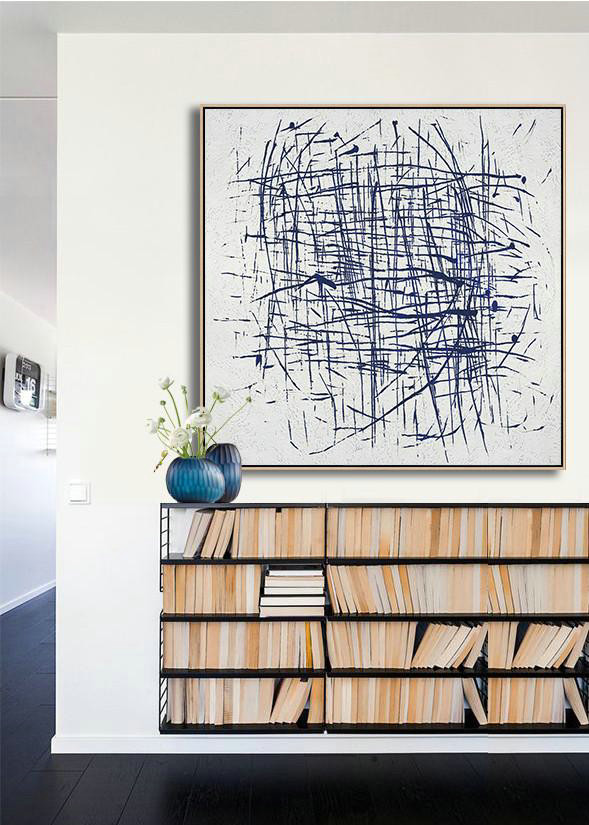 Original Abstract Painting Extra Large Canvas Art,Hand Painted Navy Minimalist Painting On Canvas,Acrylic Minimailist Painting